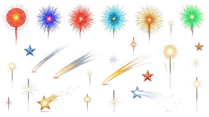 Colorful fireworks and stars isolated on transparent background