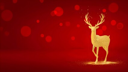 Elegant golden reindeer with sparkling glitter on a vibrant red background, perfect for festive holiday designs and seasonal celebrations