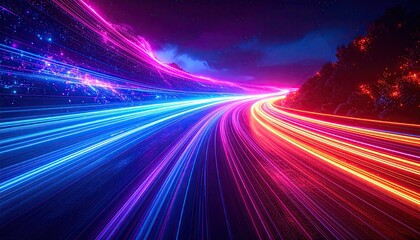 Digital rendering of vibrant light trails curving through a nighttime landscape