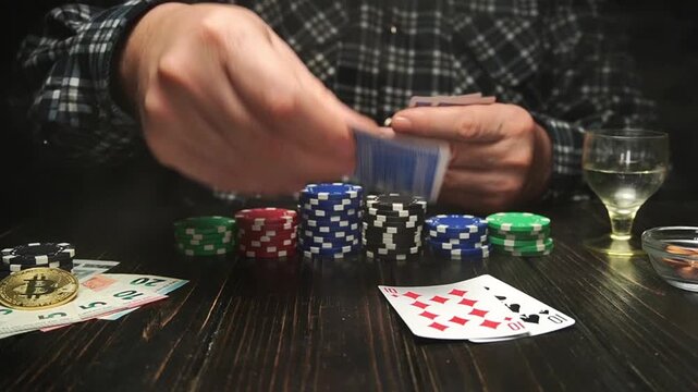 A player, seated at a table, lays out a hand of cards, either a full house or a full boat. Money and a glass lie nearby. The atmosphere creates a lively atmosphere, typical of a casino.