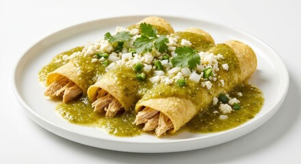 Delicious chicken enchiladas with green sauce and cheese on a plate isolated on white background