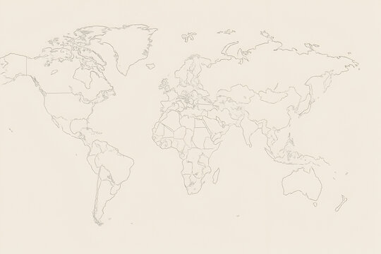Minimalist hand drawn world map outline on light background, clean cartography illustration for education, design projects and global geography concepts
