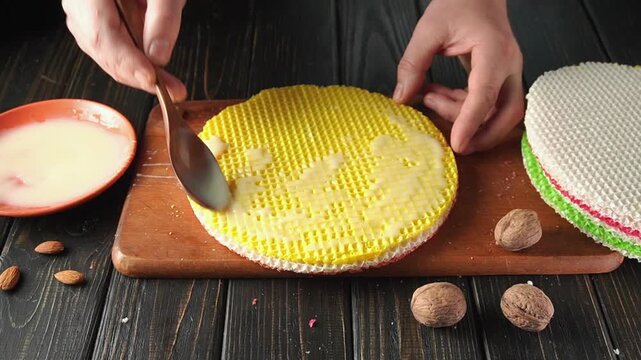 A man spreads condensed milk on a layer of yellow wafer while preparing a dessert. Other layers of wafer and nuts are placed nearby. The scene takes place in a kitchen with a wooden countertop.