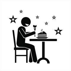 Fototapeta premium Black silhouette illustration of a stick figure person sitting at a table and eating a piece of cake under a starry sky