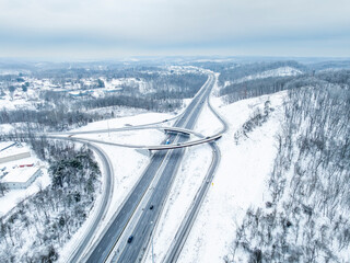 St. Albans Interchange with Flyover Ramps on Interstate 64 - Snowy Winter Landscape - West Virginia