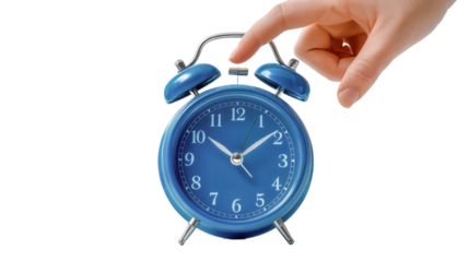 Dark blue alarm clock rings loudly on white background