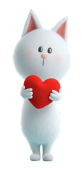 Obraz premium Cute white cat holds red heart on white background