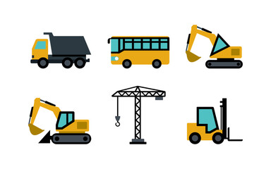 Flat vector icon set of construction vehicles and machinery including dump truck, bus, excavator, crane, and forklift. Modern flat design with clean shapes, suitable for construction, engineering.