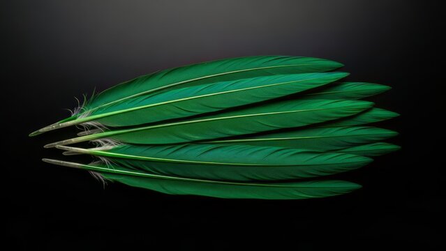 Isolated green feathers on dark background