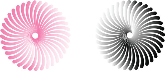Abstract spiral designs in pink and black, viewed from directly above, showcasing a circular pattern on a white background