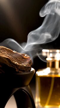 Meditative Ramadhan atmosphere with burning Oud wood incense and premium perfume oil. Extreme macro featuring back-lit smoke and rich golden reflections in 4K