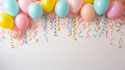 Obere Grenze aus farbenfrohen Luftballons und h&auml;ngenden Luftschlangen