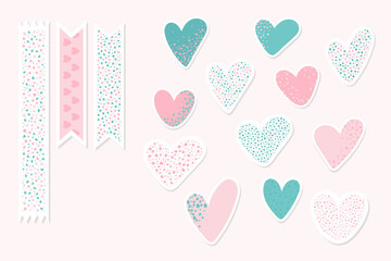 Cute pastel heart stickers set with dotted texture and decorative ribbons in soft pink and teal colors. Romantic hand drawn elements create gentle love mood for cards, planners and scrapbooking 