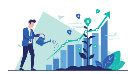 Businessman watering a growing plant on a rising bar chart, symbolizing investment, business growth, and nurturing success.