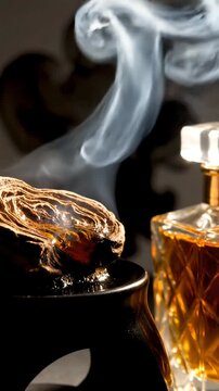 Macro shot of burning Oud wood incense and perfume bottle for the holy month of Ramadhan. Fragrant smoke and golden oil reflections with sophisticated moody lighting in 4K