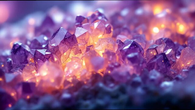 Vibrant purple amethyst crystals glowing with ethereal warm light, creating a luxurious abstract background for a mystical energy concept