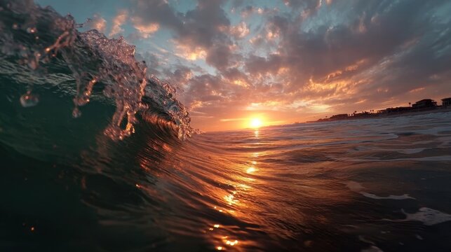 Majestic ocean wave at sunset with vibrant sky and sunlight reflection.