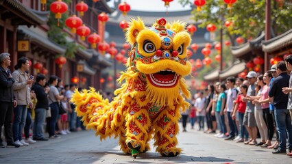 Traditional chinese lion dance costume performance, chinese lanterns, old china town street, crowd of people - Chinese New Year 2026 celebration, Lunar, Beijing travel, tourism, luck, prosperity
