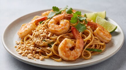 Delicious and Authentic Thai Pad Thai with succulent grilled shrimp, tender rice noodles, fresh lime wedges, and crunchy crushed peanuts, a savory gourmet meal served on a plate