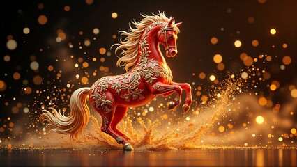 A majestic rearing horse shio symbol, gold glitters, dark background - Chinese New Year 2026 greeting, Year of the horse, Lunar celebration, chinese zodiac sign concept