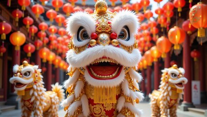 Portrait of chinese lion dance costumes performance, traditional chinese pagoda temple, chinese lanterns - Chinese New Year 2026 celebration, Lunar, Beijing travel, tourism, luck, prosperity