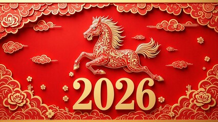 A rearing horse shio symbol, lanterns, flowers, traditional banner frame - Happy Chinese New Year 2026 greeting, Year of the horse, Lunar celebration, chinese zodiac sign concept