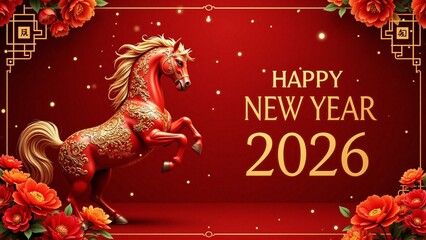 A red rearing horse shio symbol, flowers, traditional banner frame - Happy Chinese New Year 2026 greeting, Year of the horse, Lunar celebration, chinese zodiac sign concept