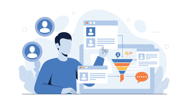 Marketer managing a sales funnel to convert leads into customers, analyzing user profiles and tracking conversion rates online.