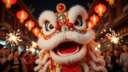 Portrait of chinese lion dance costume performance, traditional chinese pagoda temple, chinese lanterns - Chinese New Year 2026 celebration, Lunar, Beijing travel, tourism, luck, prosperity