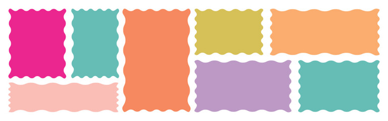  Post stamp frames and borders. Rectangle, square template for mail, postcard, letter, note. Vector zigzag. Color rectangle frames with wiggly borders. Zig zag wavy shape frames. 