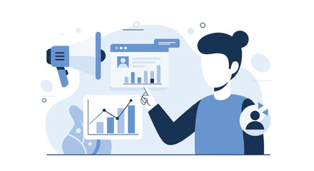 Person analyzing digital marketing campaign performance with charts and user data, using a megaphone icon for promotion.