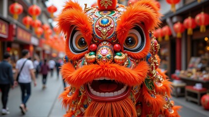 Traditional chinese lion dance costume head, performance, chinese lanterns, old china town street, crowd of people - Chinese New Year 2026 celebration, Lunar, Beijing travel, tourism, luck, prosperity