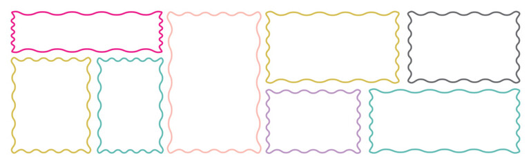outline wavy rectangular frames scallop set. Zigzag outline frame set. Doodle frames with funny wavy scallop and zigzag edges. Zig zag wavy edge rectangle frame or border shapes set.