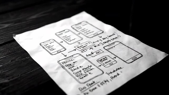 Black and white wireframe sketch of a mobile app UI UX flow chart on paper