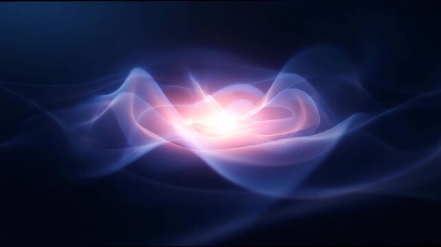 Pulsating glowing light forming ethereal abstract blue and pink wave patterns on dark background for digital technology concept and dynamic motion graphic design