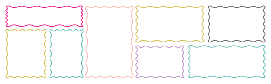 outline wavy rectangular frames scallop set. Zigzag outline frame set. Doodle frames with funny wavy scallop and zigzag edges. Zig zag wavy edge rectangle frame or border shapes set.