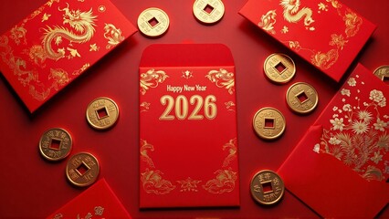 Traditional chinese envelopes with golden dragon patterns and chinese calligraphy, scattered coins - Chinese New Year 2026 greeting, Lunar celebration, luck, prosperity, wealth blessings, money, gift