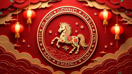 A red rearing horse shio symbol, podium, traditional oriental decoration - Chinese New Year 2026 greeting, Year of the horse, Lunar celebration, chinese zodiac sign concept