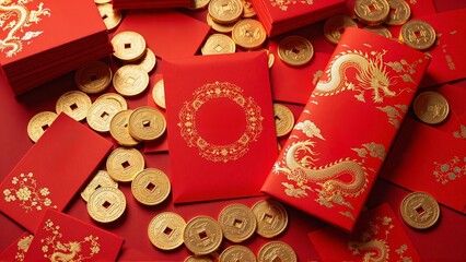 Traditional chinese envelopes with golden dragon patterns and chinese calligraphy, scattered coins - Chinese New Year greeting, Lunar celebration, luck, prosperity, wealth blessings, money, gift