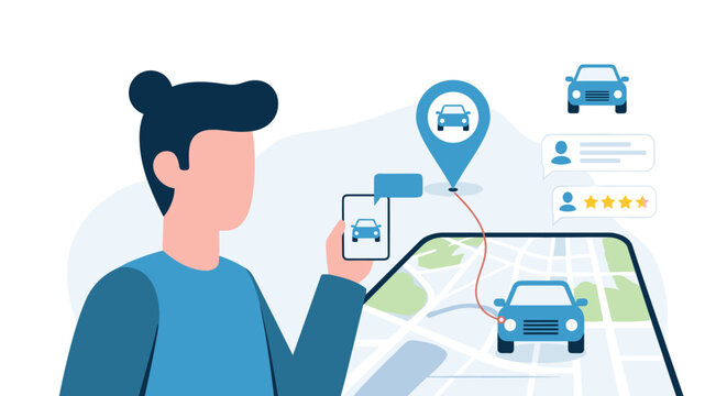 Man using a mobile phone to order a car with a ride-sharing app, showing the route, car location, and ratings.