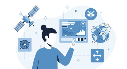Woman interacting with geospatial data on a digital interface, with icons for satellite, globe, and cartography systems.