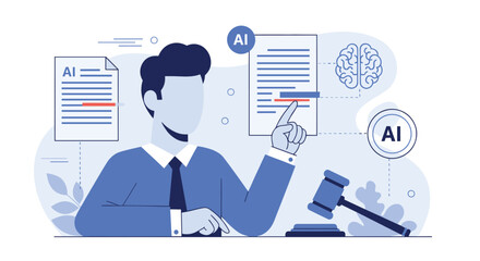 Man using artificial intelligence to analyze legal documents, with icons of a brain and a gavel representing AI in law.