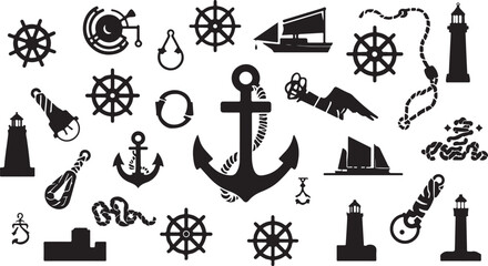 Nautical Themed Black Silhouettes Including Anchors Lighthouses and Ships on White maritime ocean