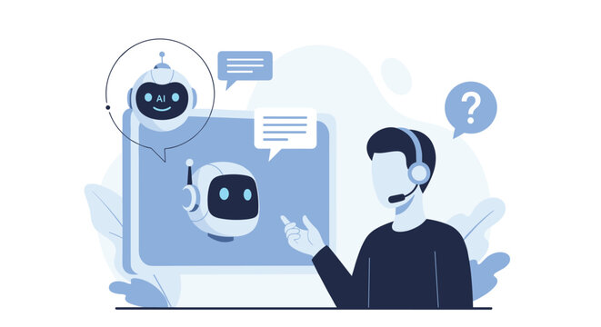 Customer support concept illustrating an agent with a headset working alongside AI chatbots to assist and answer questions.