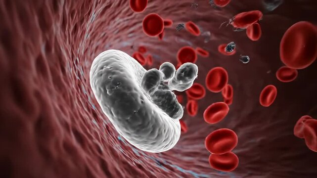 Medicine capsule dissolves in blood vessel releasing drug particles among red blood cells. Medication flows through artery with blood cells. Capsule releases medicine in vessel. Drug delivery system.