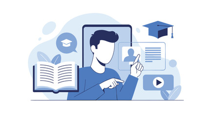 Mobile e-learning concept showing a student accessing online courses and educational materials through a digital tablet device.