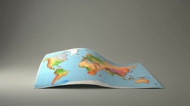 World map folded and distorted on a neutral gray background earth globe