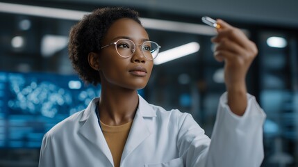 A biotech researcher examining a sterile medication capsule under magnification, molecular diagrams floating on a digital lab display — pharmaceutical innovation, dosage precision, and advanced