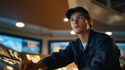 A factory worker monitoring industrial conveyor motors via an overhead control panel, motor temperature and RPM indicators glowing in real time — automation reliability, industrial motor