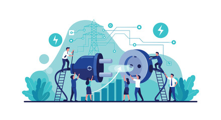 Teamwork and connection concept with business people working together to plug in a giant electrical cord for power.